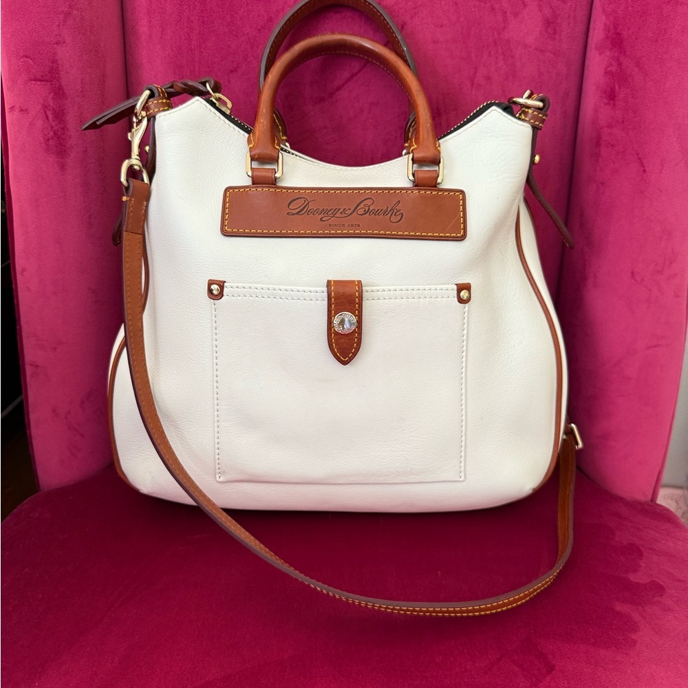 Dooney & Bourke White Leather Satchel with Brown Trim and Strap